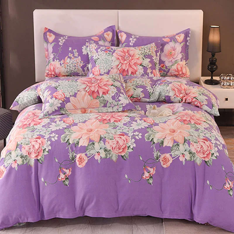 High-End Thickened 100% Cotton Brushed Bedding Set Printed Skin Friendly Bed Linens Cozy Breathable Quilt Set for Adults