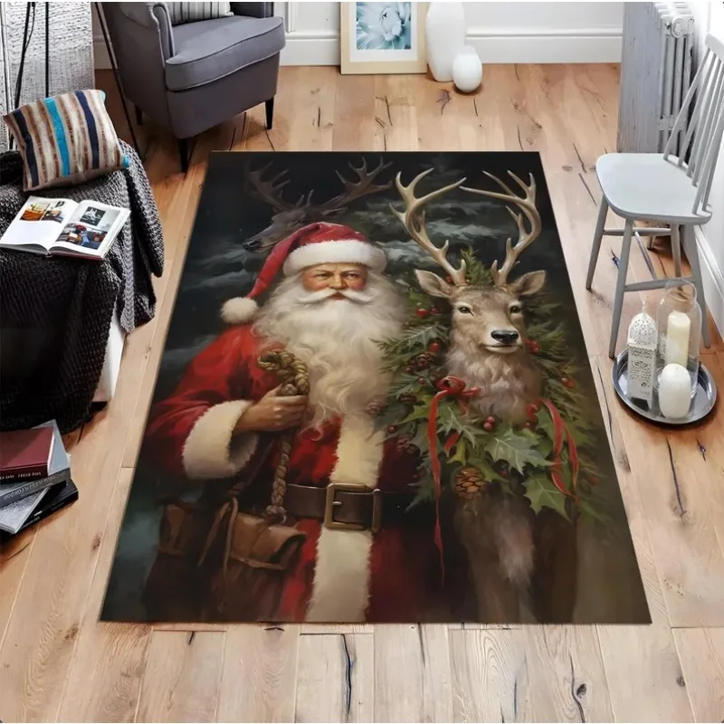 Santa Claus and Reindeer Christmas Carpet Santa Claus Christmas Carpet Retro Festival Fashionable Retro Christmas Non Slip Mat