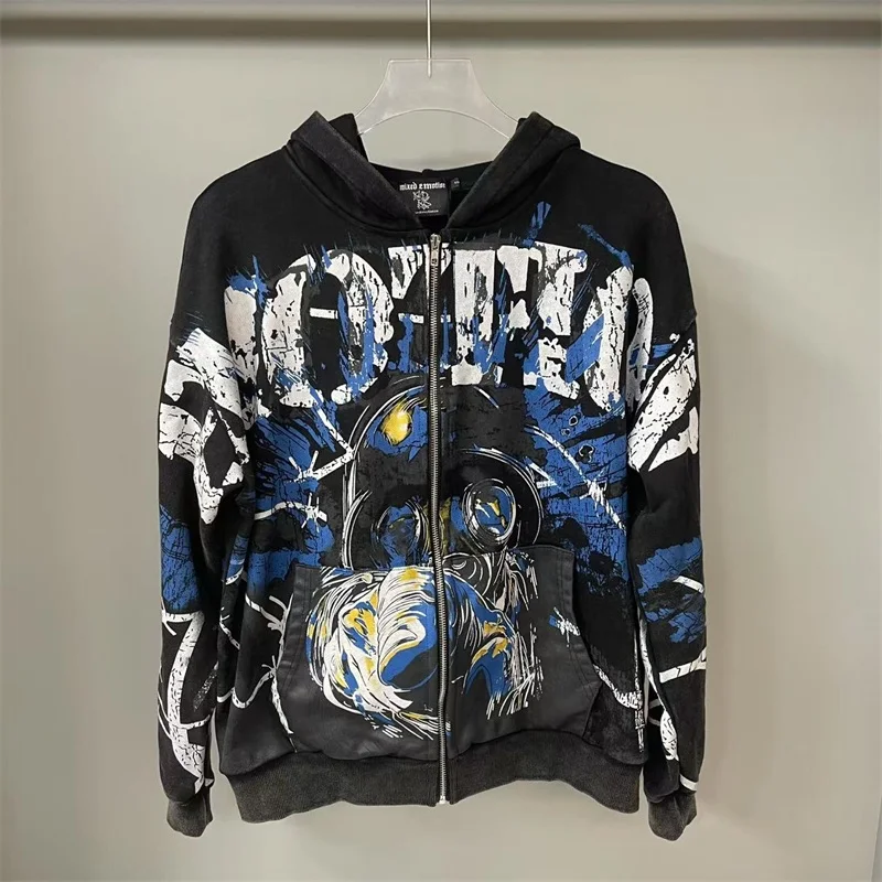 

Black Washed MIXED EMOTION Men’s Zip Jacket Alien Graffiti Print Women Vintage Oversized Hoodies