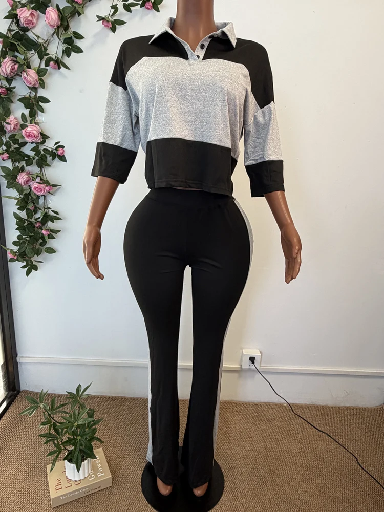 JENYAGE Women Color Block 2 Piece Outfit Polo Collar Crop Top High Waist Slim Flare Pants Stretchy Casual Summer Tracksuit Set