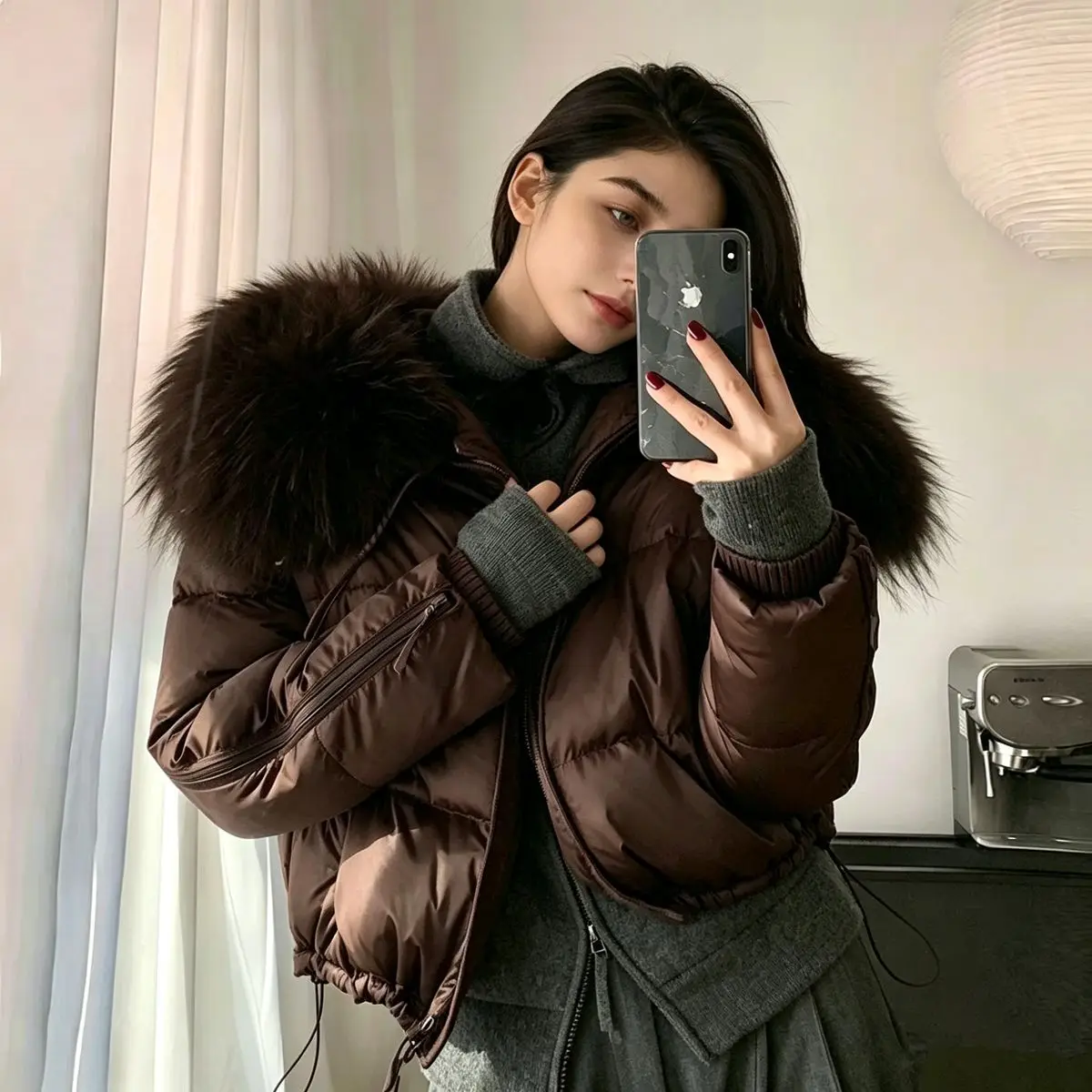 Winter Warm Thicken Zipper Parker Jacket Female Natural Large Fur Collar Short Down Jacket Women White Duck Down Cotton Outwears