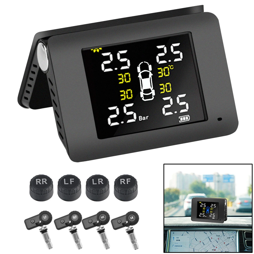 Système de surveillance de la pression des pneus de voiture, énergie solaire, TPMS automatique, alarme intelligente avec 4 capteurs externes ou intégrés