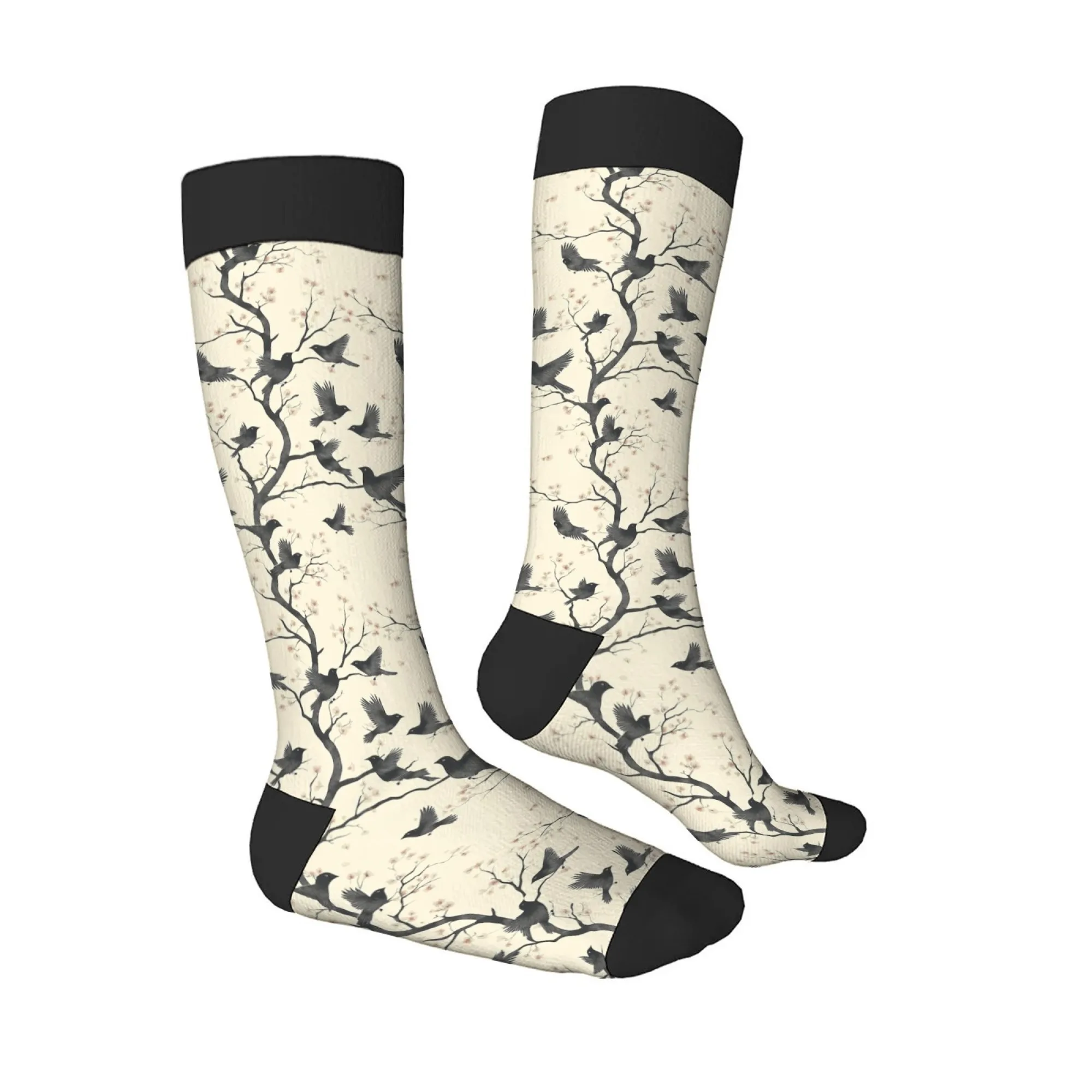 Literary Style Retro Knee High Socks Cute Branch & Bird Print Cream-white Tones Skin-Friendly Durable Stitching Party Looks