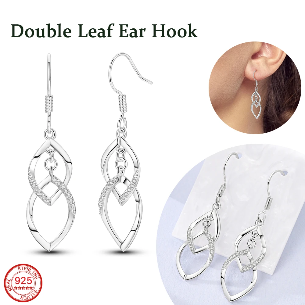 Fashionable 925 Sterling Silver White Simple Diamond Shaped Leaf Rotating Stone Ear Hook For Women's Jewelry Gift