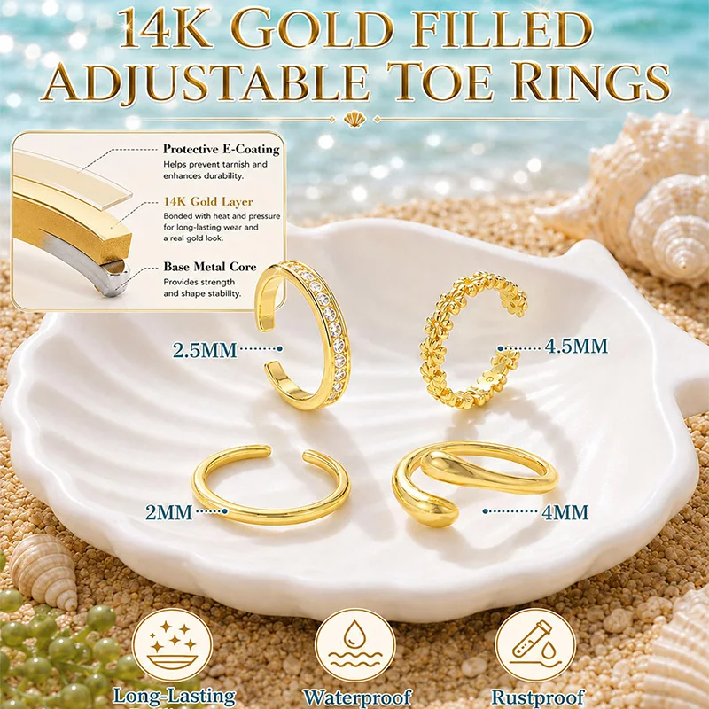 18K Gold Plated Filled Toe Rings Set, 4Pcs Adjustable