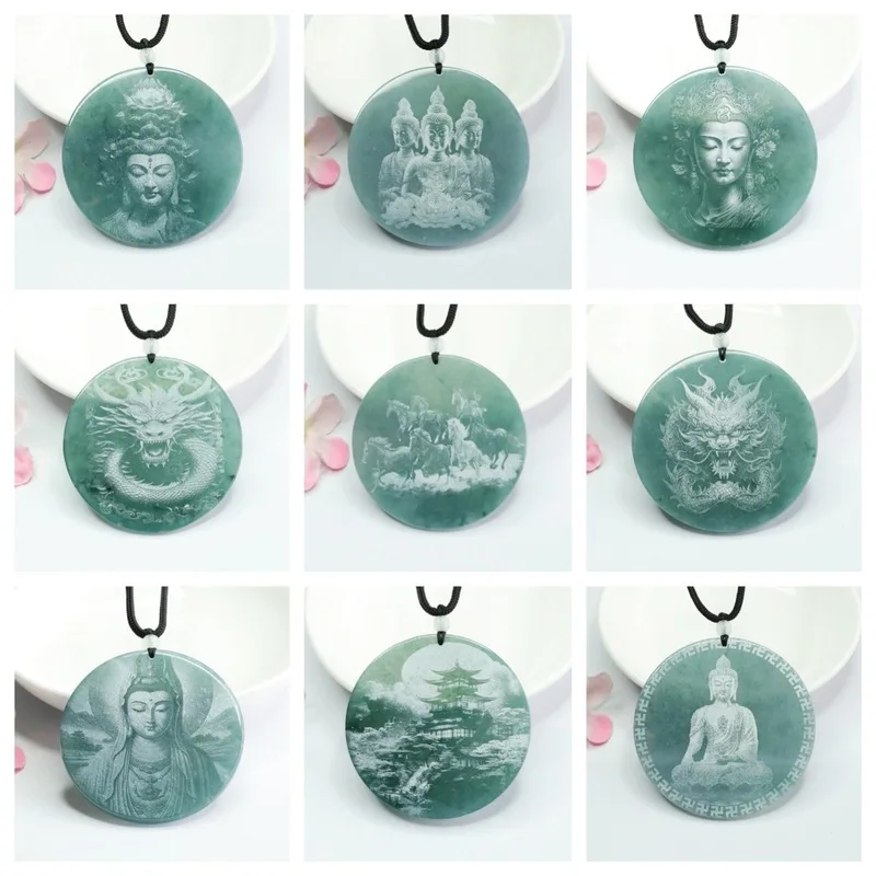 Juantong Natural Grade A Jadeite Blue Water Landscape Pendant Jade Shadow-Carved Guanyin Pendant S3122309