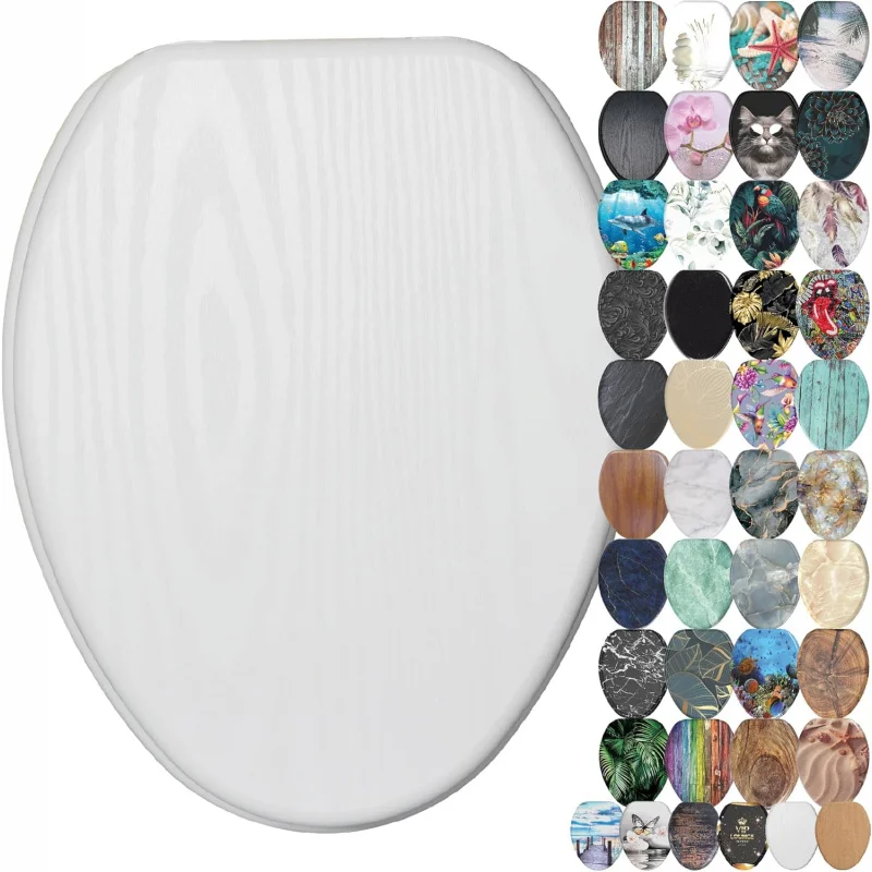 

Wooden Toilet Seat (White) - Soft Close, Quiet, Adjustable Fit, Strong Bumpers & Hinges