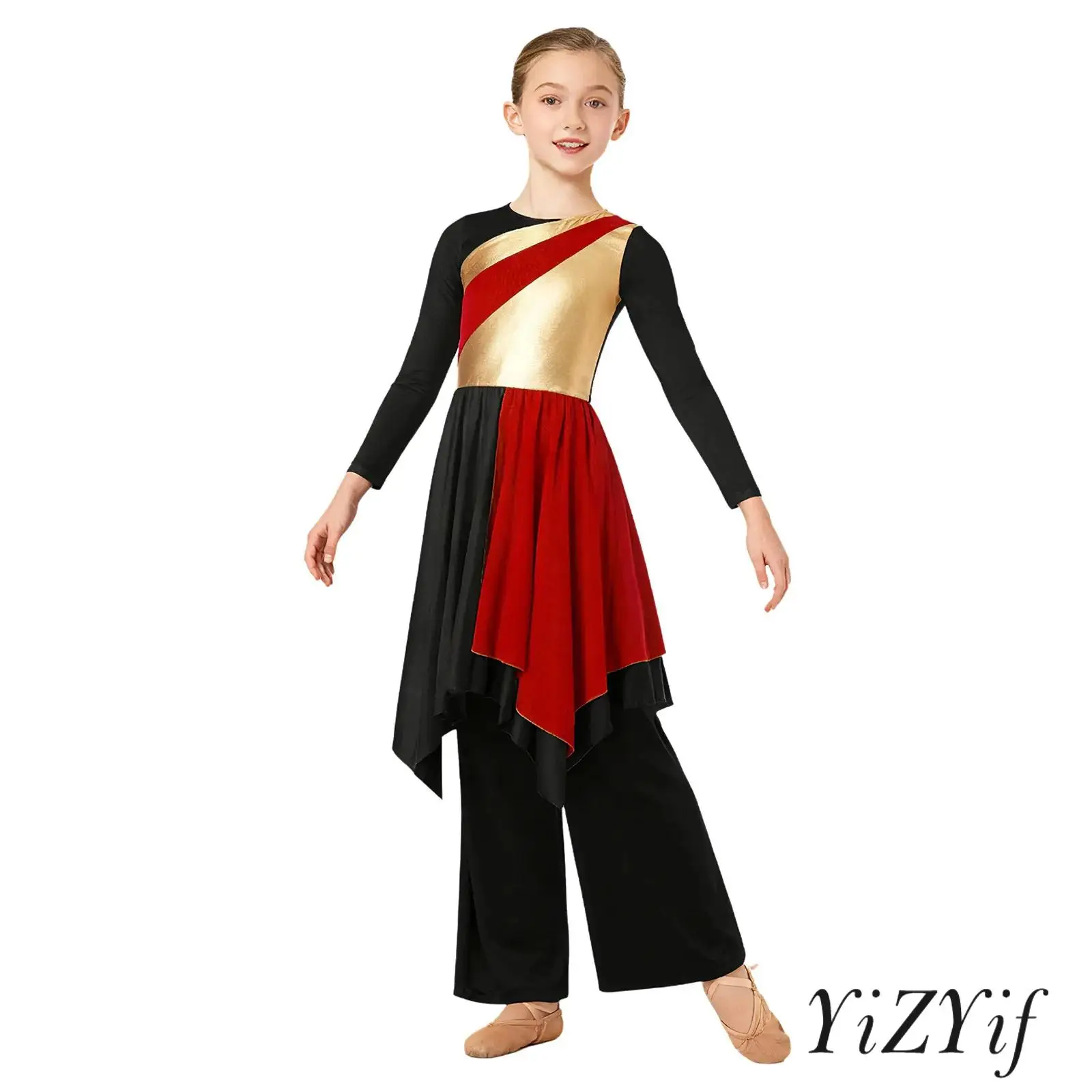 

Kids Girls Praise Lyrical Dance Costume Long Sleeve Metallic Color Block Dress+Wide-Leg Pants Set Church Worship Dance Costume
