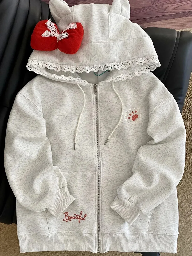 

Толстовки с бантом и принтом, женские милые кружевные лоскутные милые толстовки с длинными рукавами, японские свободные карманы с буквами, женские топы на молнии