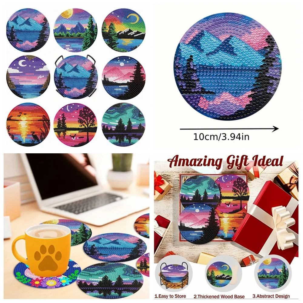 8pcs/Set DIY Diamond Painting Coasters with Holder Anti Slip Wood Drip Mats Crystal Rhinestones Diamond Art Coasters for Adults