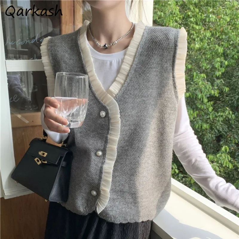 Women Sweater Vest V-neck Leisure Lace Breasted Korean Stylish Cute Plus Velvet Thicker Simple Loose Ruffled Edge Elegant Trendy