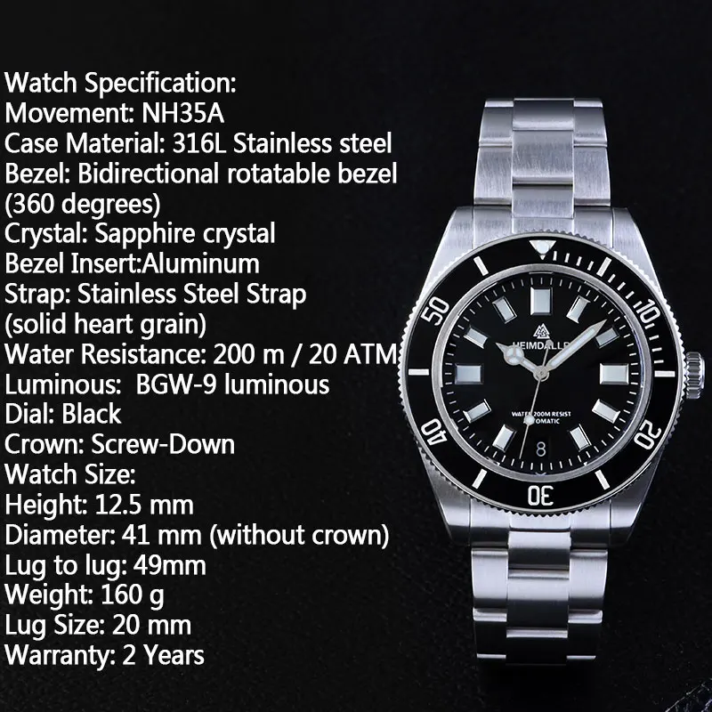 HEIMDALLR NH35 Automatic Diver Men's Watches 200m Waterproof Mechanical Watch Calendar BGW-9 Super Luminous Dial Wristwatches