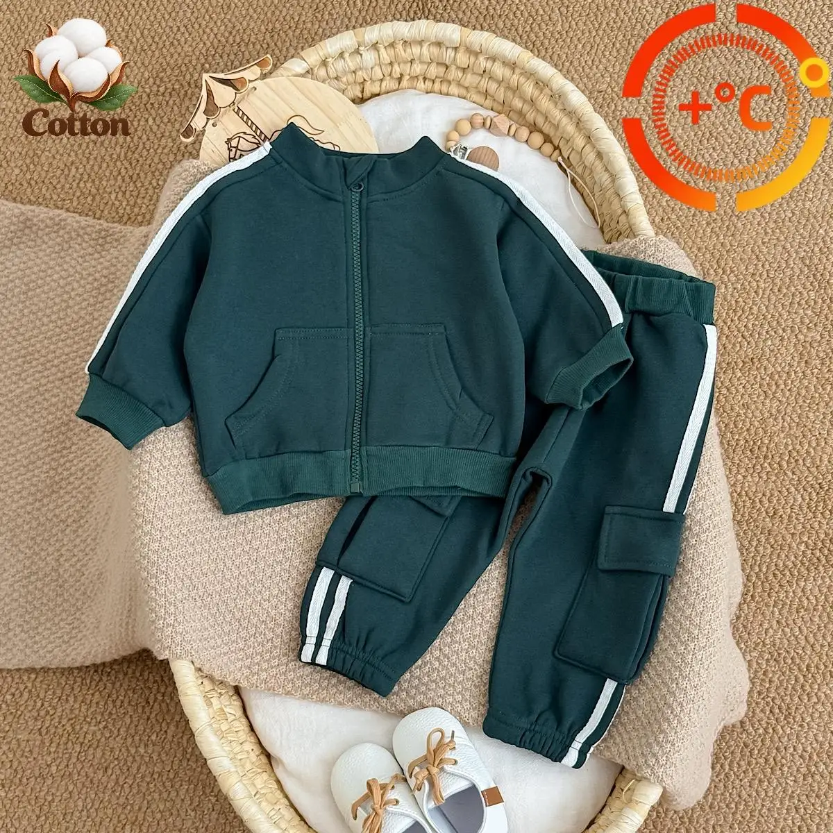 Infant Cotton Sport Suit, Side Stripe Zip Up Stand Collar Coat Multi Pocket Cargo Pants Boys Girls Autumn Outfit