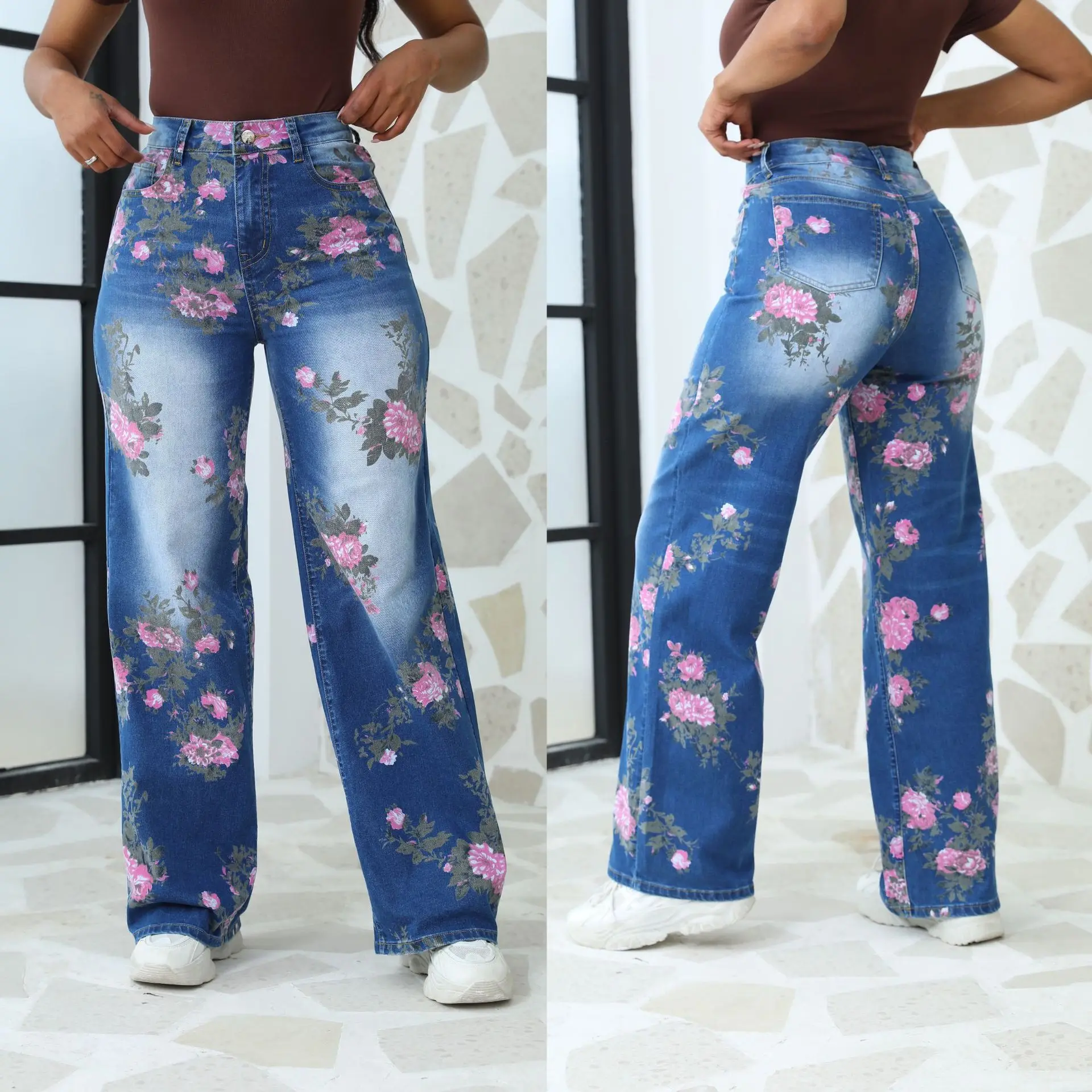 

Fall 2024 plus Size Wide Leg Pants Women's Denim Trendy Printed Ladies Trousers European And American Style Long Pant