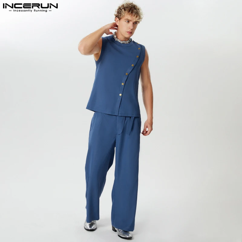 INCERUN 2024 American Style Fashion Sets New Men's Diagonal Front Design Tank Tops High Waist Pants Casual Two Piece Sets S-5XL