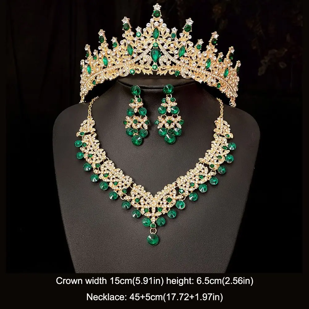 Trendy Champagne Baroque Wedding Crown Crystal Luxury 3-pack Tiara Earrings Necklace Head-dress For Bride
