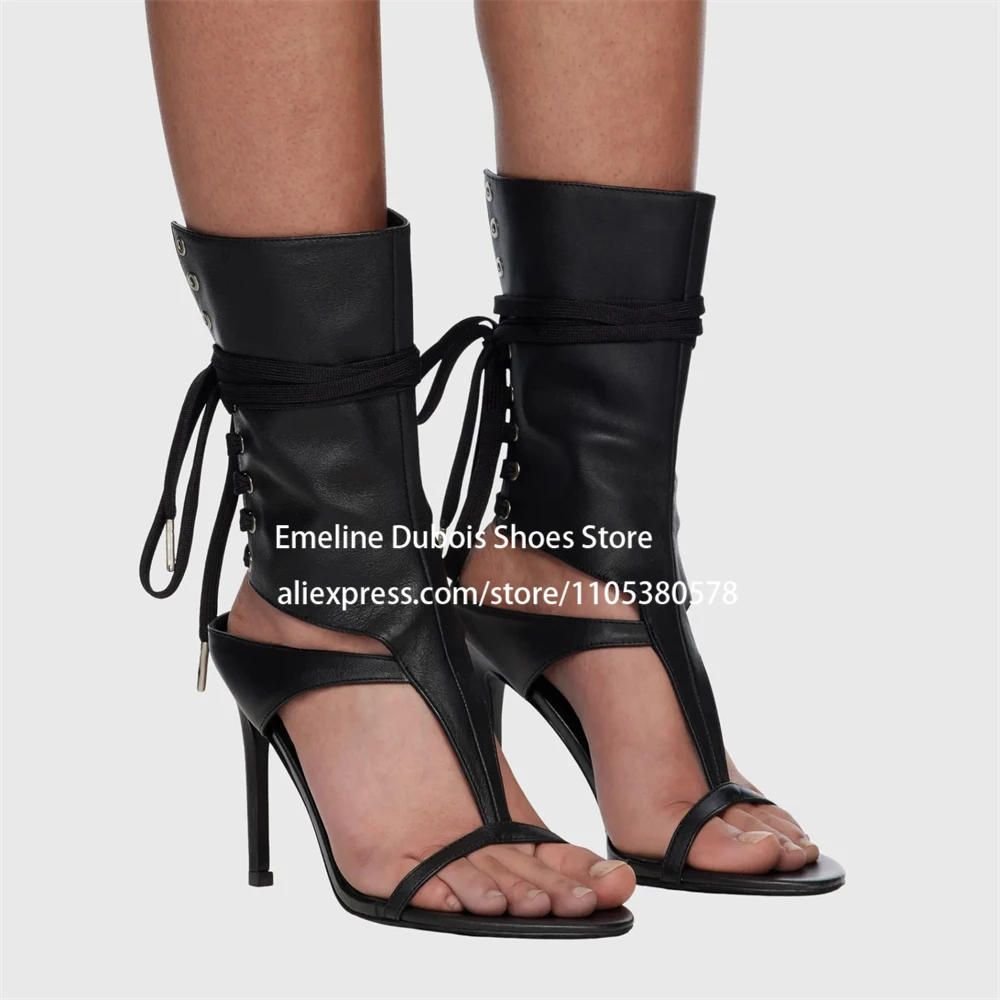 

Faux Leather Lace up High Heel Gladiator Sandals Round Toe Back Cross Strap T-Strap Stilettos Ankle Sandal Boots for Women Party