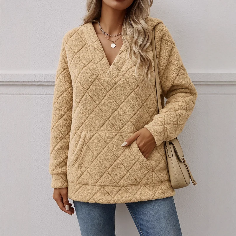 New Women's Casual V-neck Long-sleeved Pullover Multi-color Women's Hooded Plush Sweatshirt