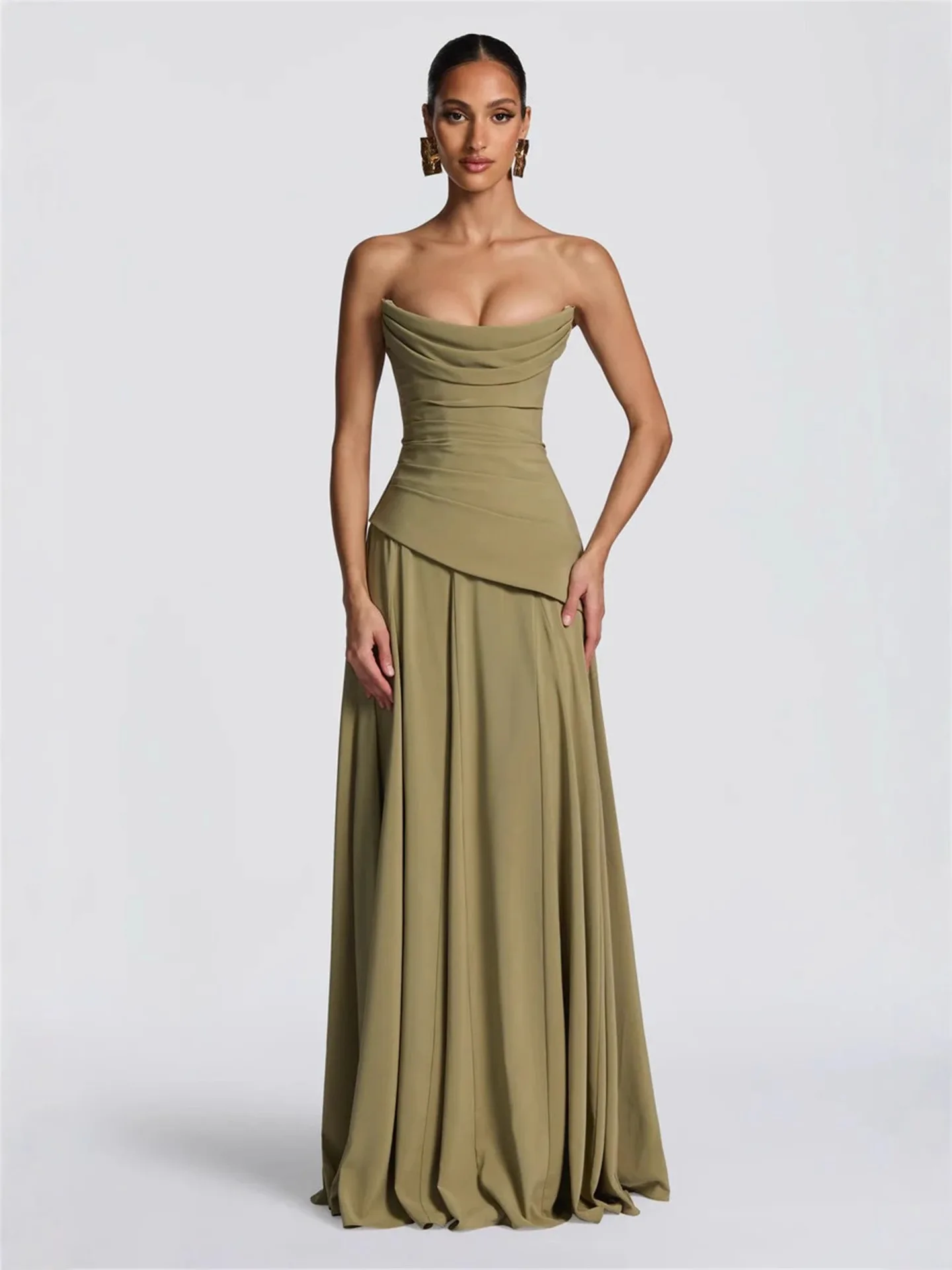 Strapless Sage Green Chiffon Dress Cowl Asymmetric Waist Detachable Neck Sash A-Line Prom Gown For Bridesmaid Wedding Party