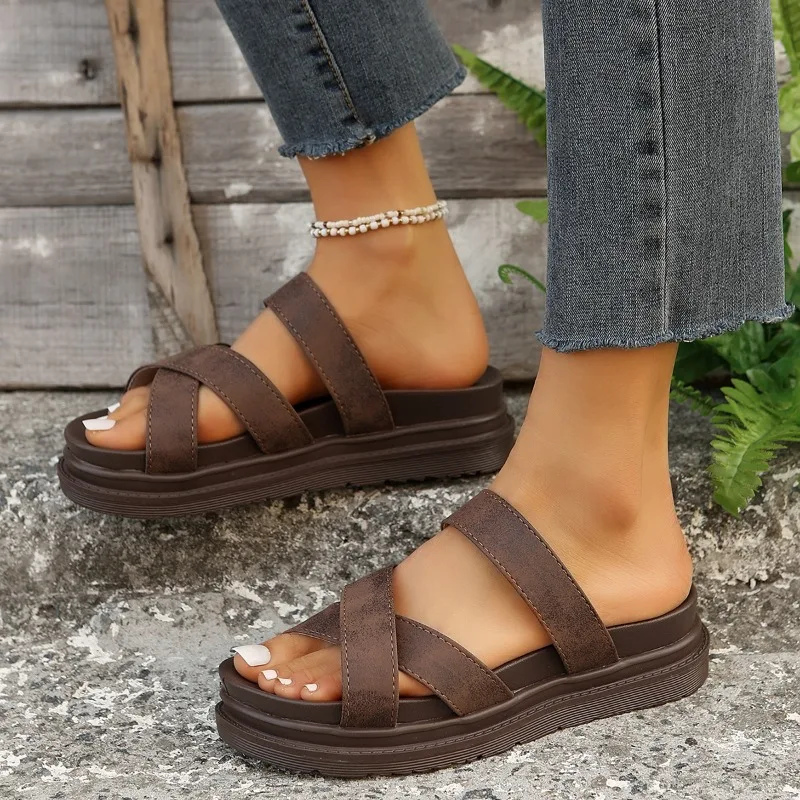 New Summer Women Sandals Sexy Open Toe Broad Band Crossover Slip-On Thick Platform Shoes Casual Flat Slippers