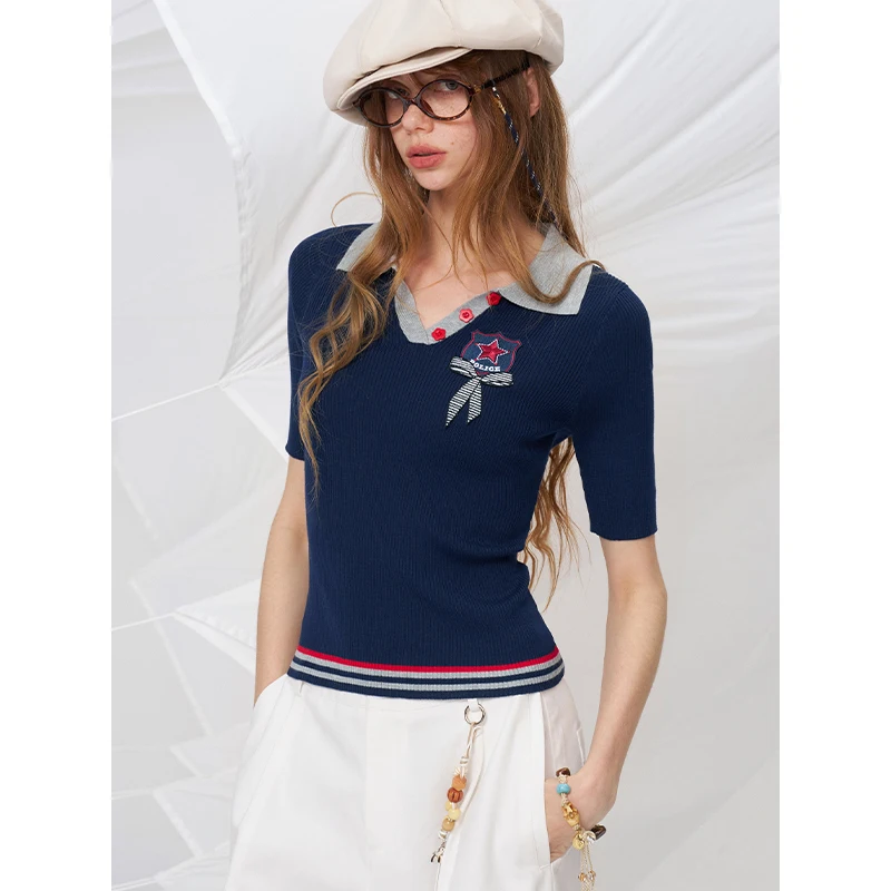 ELFSACK Navy Blue Preppy Style Polo Knit Top, Contrast Collar Badge Ribbed Slim Fit Sweater, Cute School Casual Top for Women