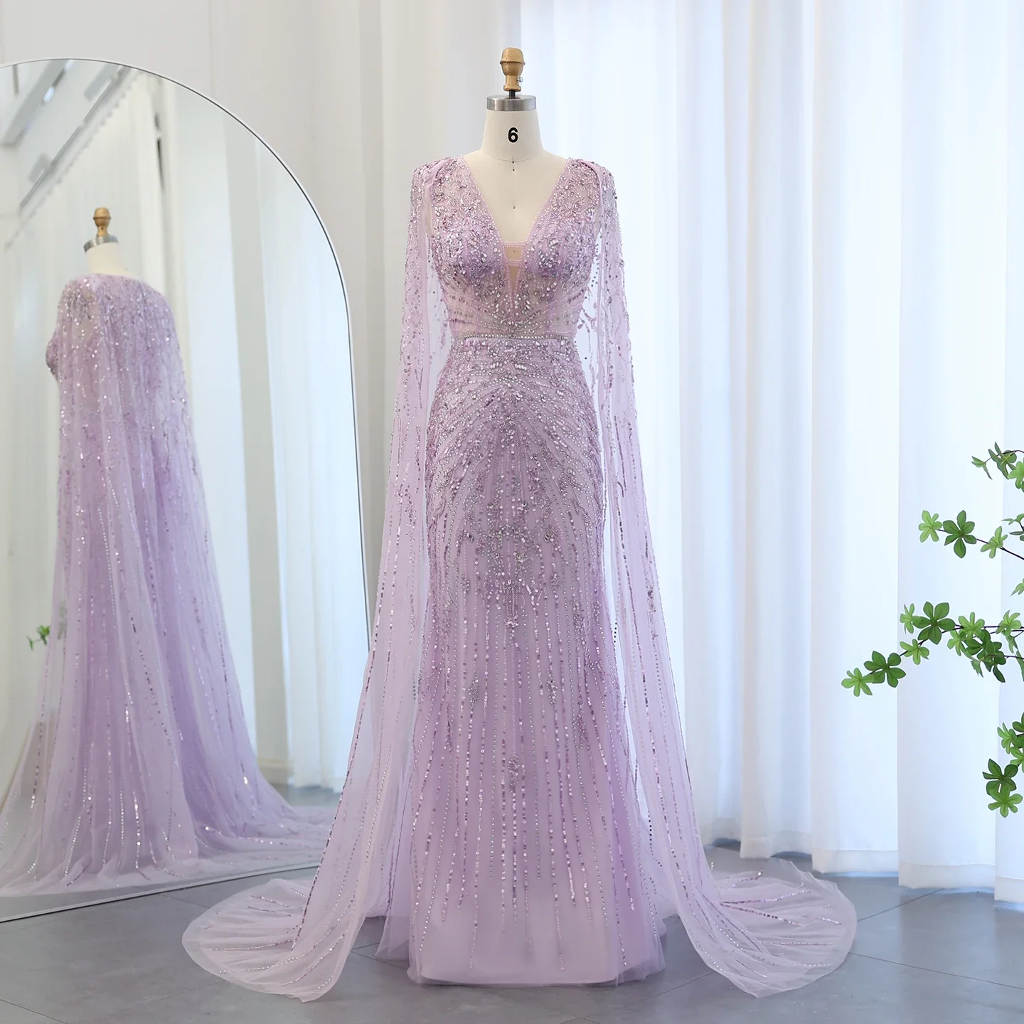 Sharon disse lilás luxo dubai sereia vestidos de noite com capa com decote em v árabe casamento formal vestidos de festa ss397 personalizado
