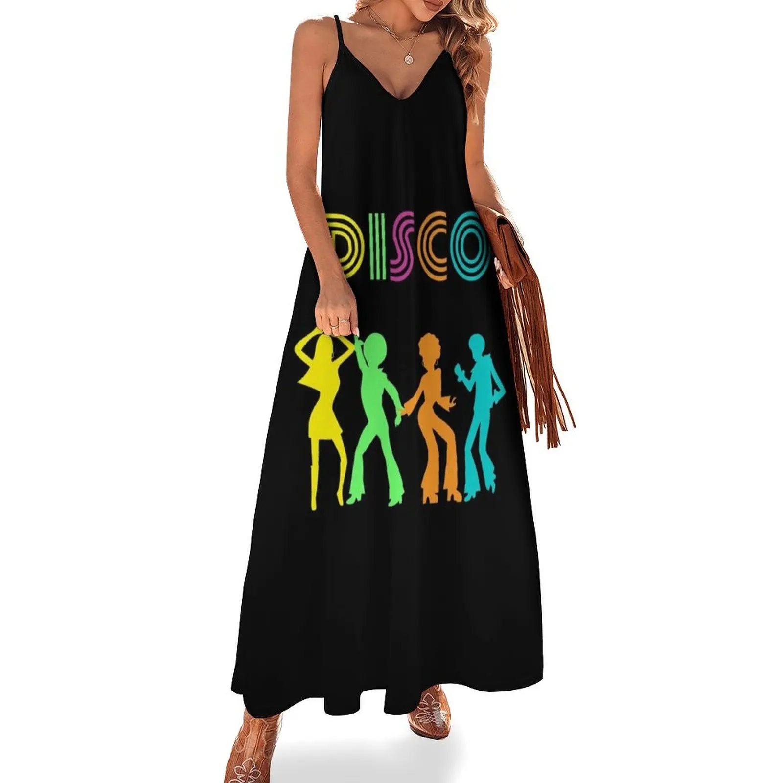 

1970's Style Disco Dancers Dancing Retro Design Sleeveless Long Dress Bride dresses Women's summer dress Long dress