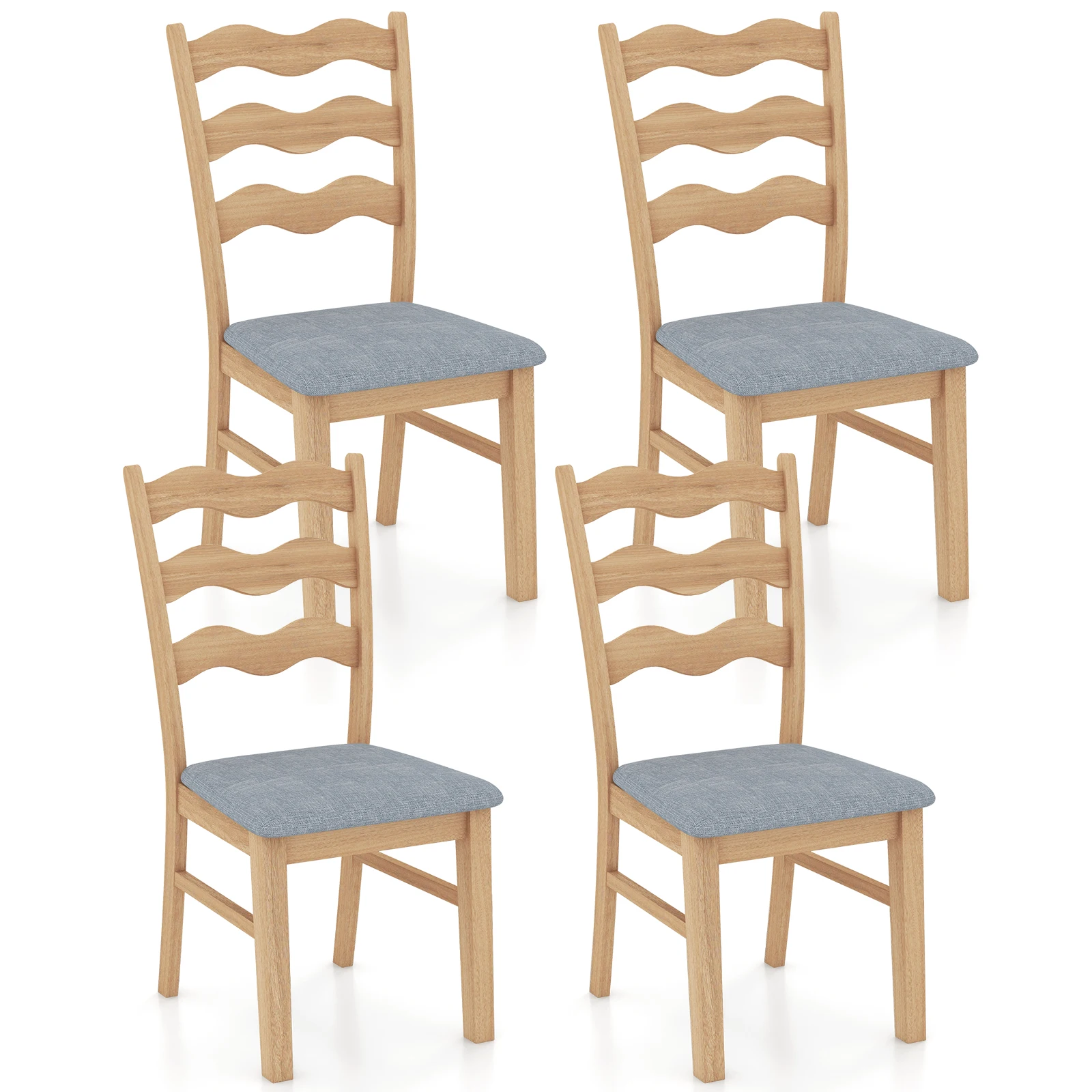 Dining Chair Set of 4 w/ Padded Seat Hollowed Wave Backrest Rubber Wood Frame