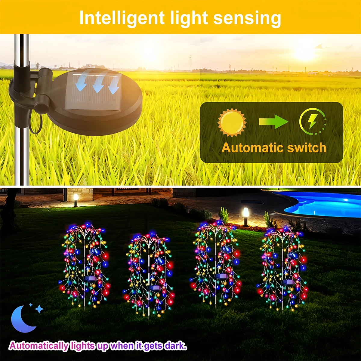 Imagem -02 - Solar Powered Willow Tree Fireworks Lamp 200 ou 120led String Light Luzes ao ar Livre Modos de Iluminação Jardim Luzes Decorativas