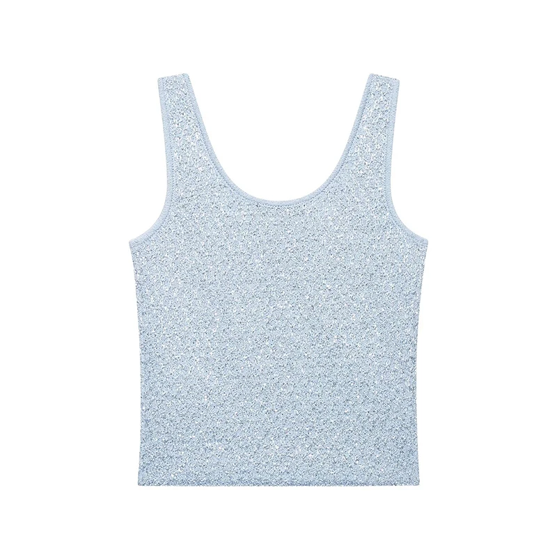YENKYE Sexy Sweet Girls Metallic Thread  Sequin Knit Tops Round Neck Wide Straps Slim Fit Crop Tank Top
