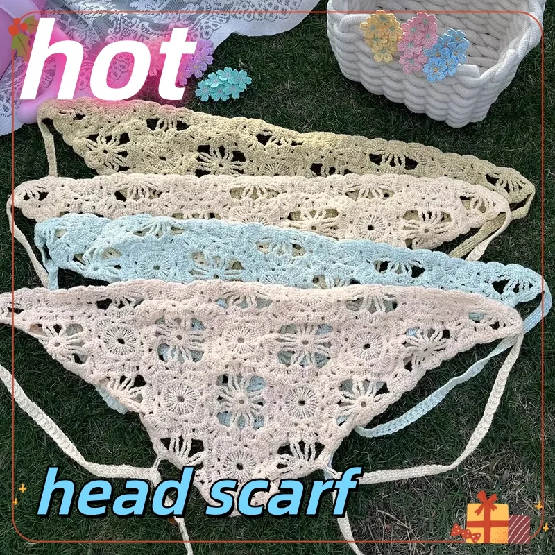 

Fashion Knitted Headscarf Women French Pastoral Style Triangle Headband Handmade Crochet Headband Towel Retro Flower Headscarf