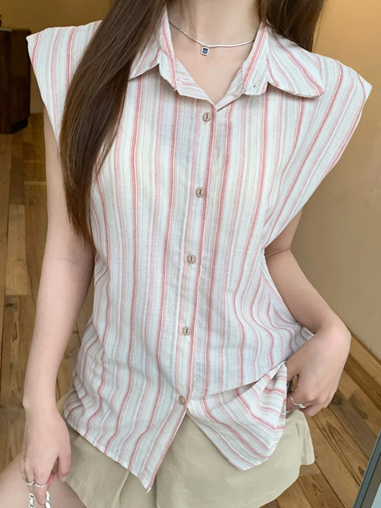 Women Vintage Striped Shirt Casual Korean Sleeveless Retro Sweet Blouse Summer Turn Down Collar Female Simple Design Tops