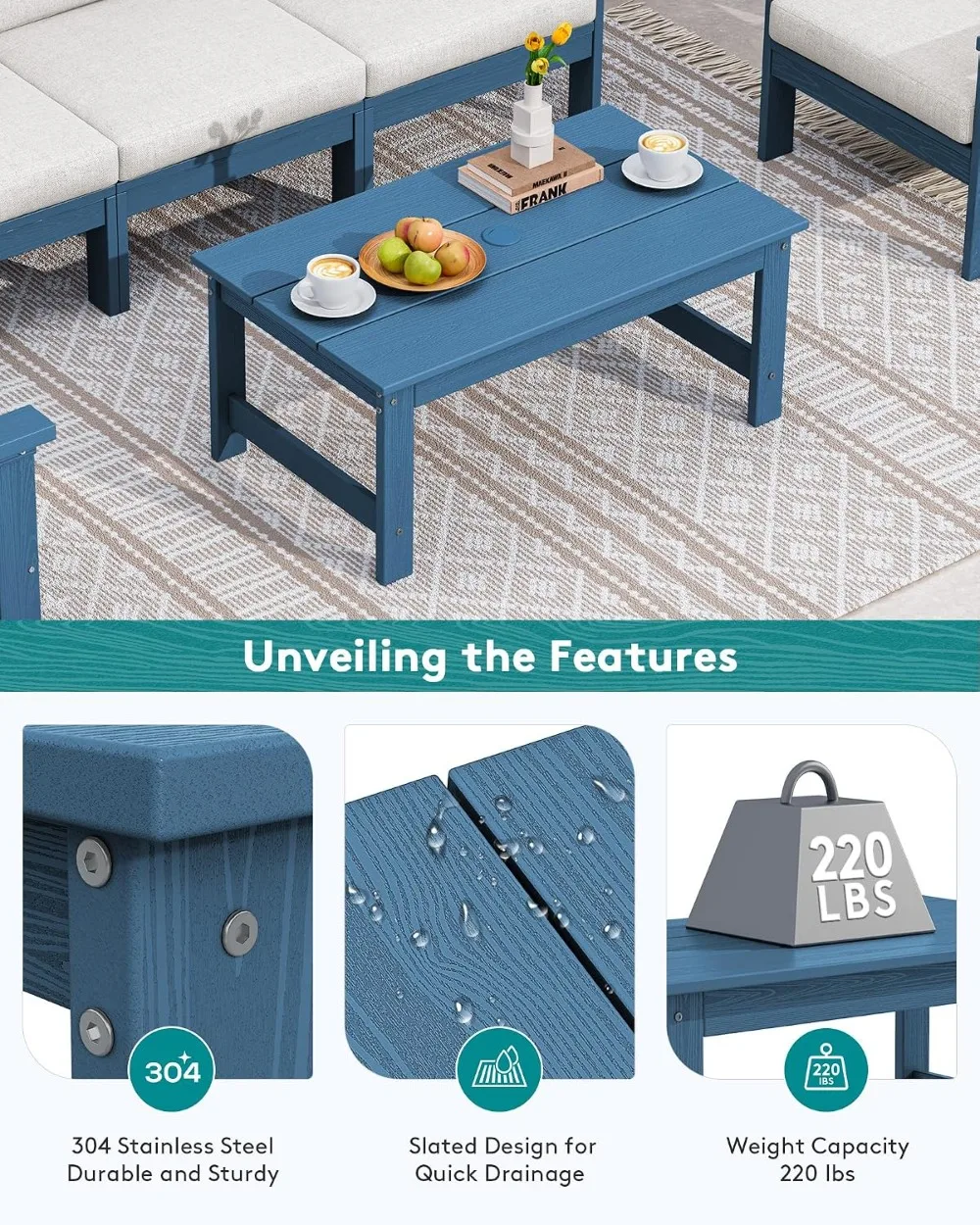 HDPE Patio Coffee Table, Rectangle Outdoor Side Table, All-Weather, Blue