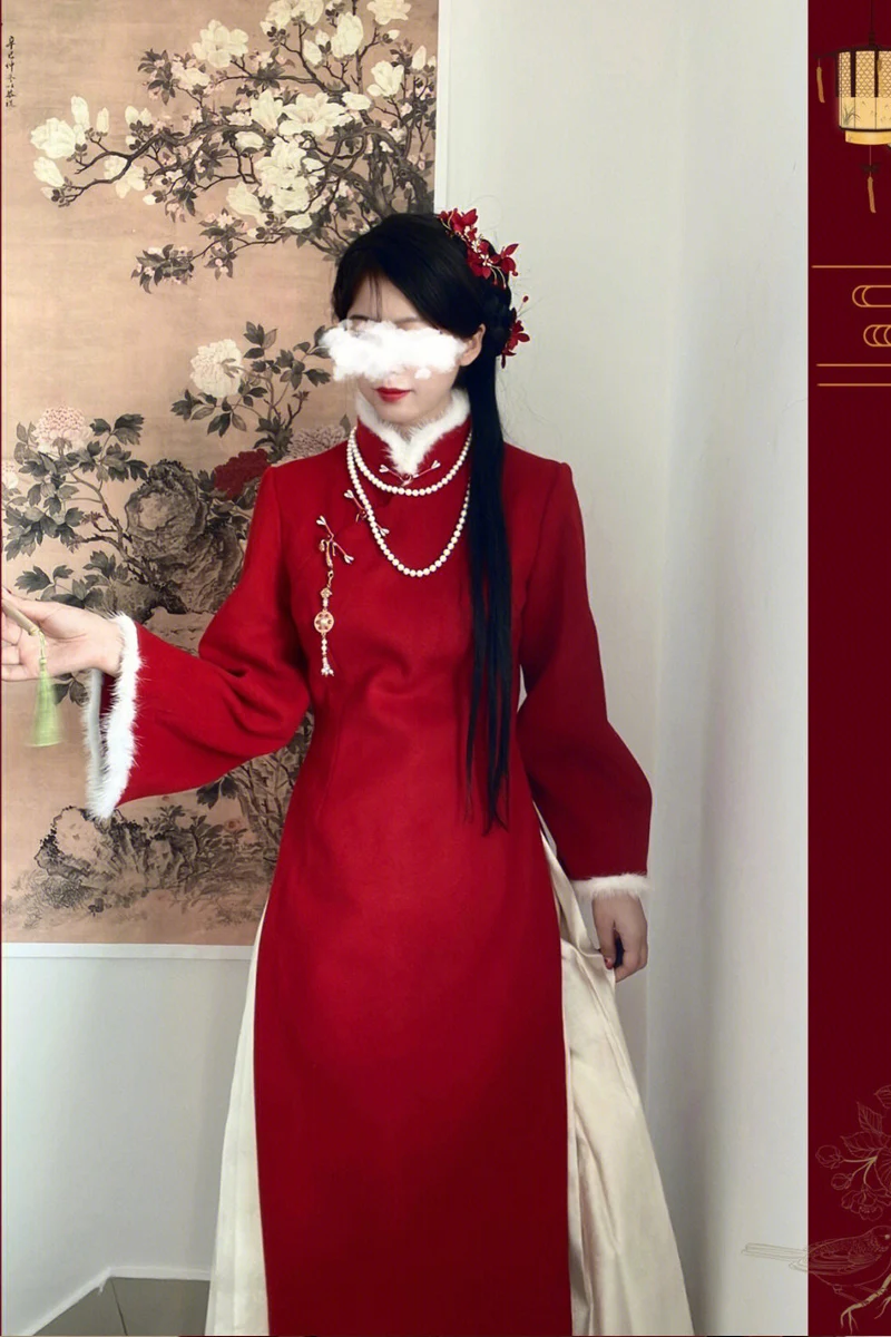 

Red Dress Set New Year Wedding Dress Female Guest Dress High Waist Long Sleeve Winter Fashion Retro Style Two Pieces