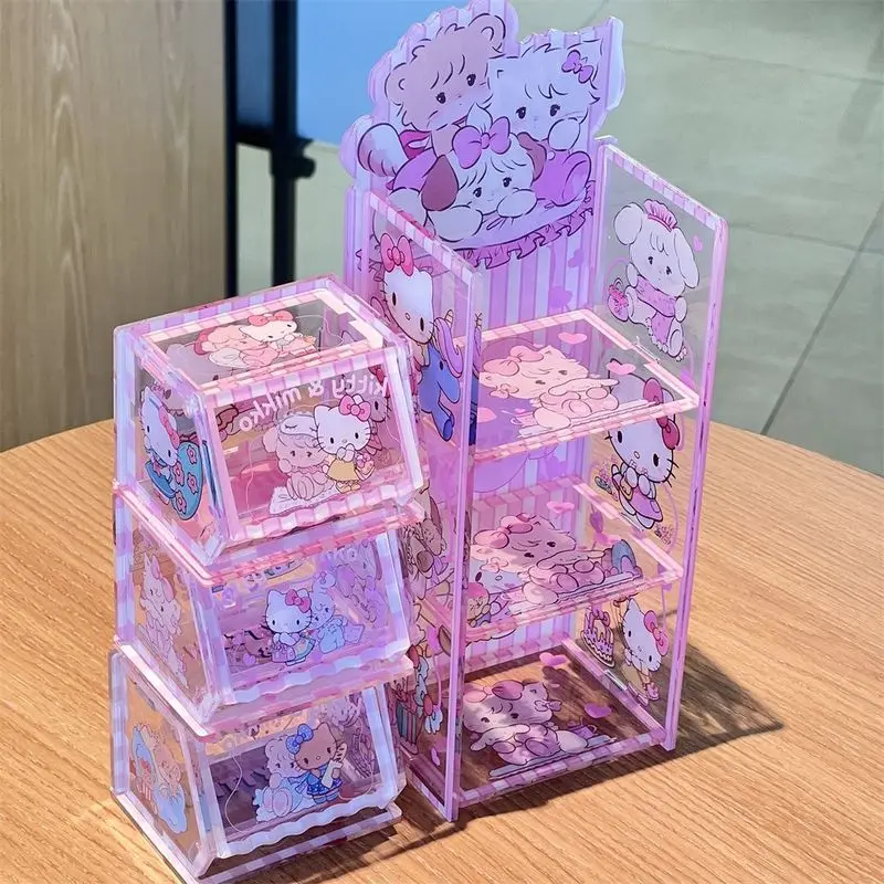 Kawaii Sanrio Anime Periphery Hellokitty&Mikko Acrylic Storage Box Desktop Assembling Storage Box Ornaments Gilrs Birthday Gifts