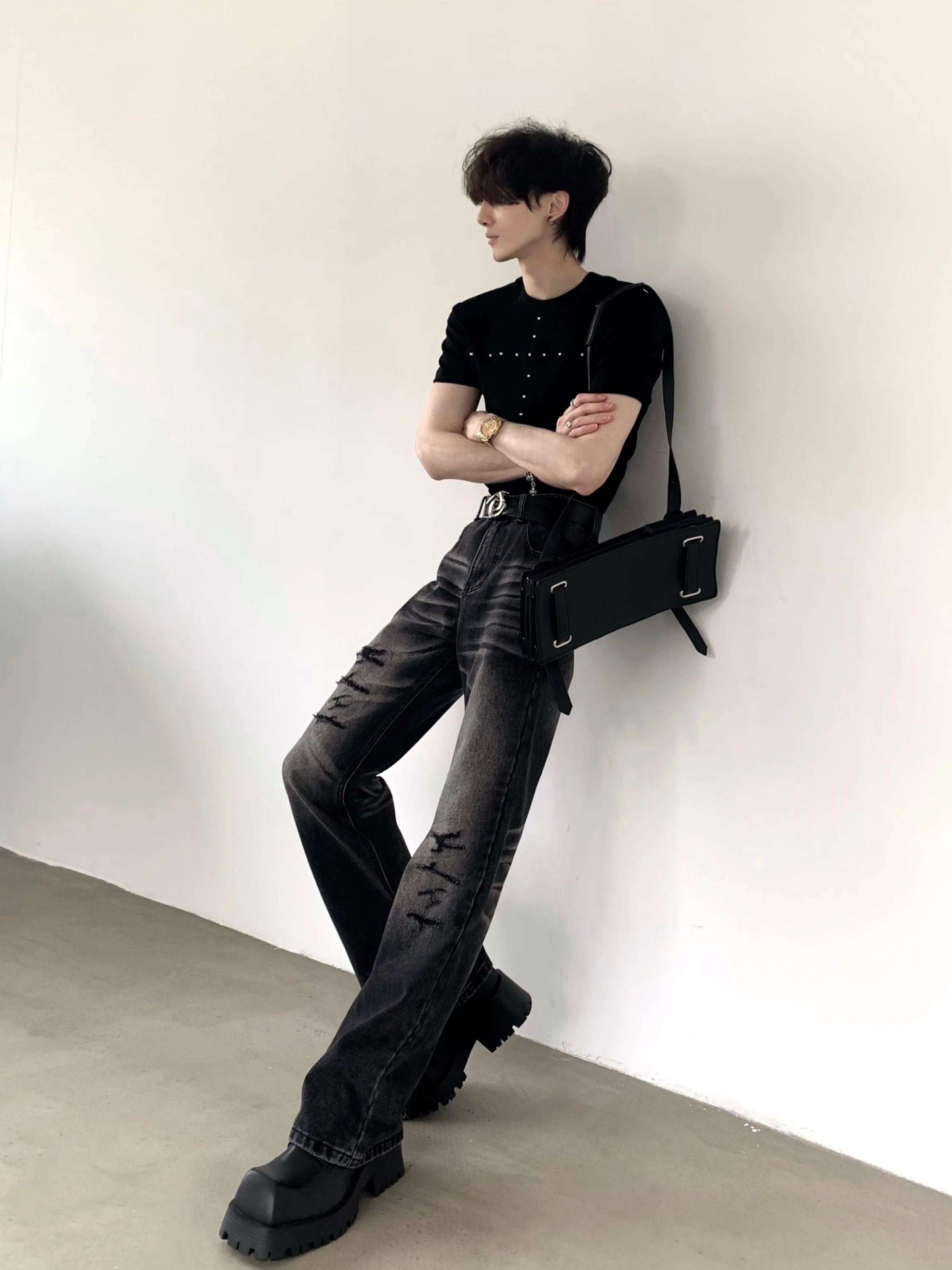 Slim Fit Cross Rivet Visual Style Short Sleeve Men's T-Shirt Streetwear Shoulder Width T-Shirt Boxy Style Anti-Wrinkle Breath...