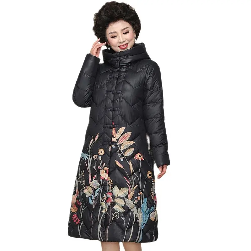 UHYTGF Winter Jacket Women Hooded Parka Long Coat Flower print Cotton Padded Winter Coat Women Warm Thicken Jaqueta Feminina 616