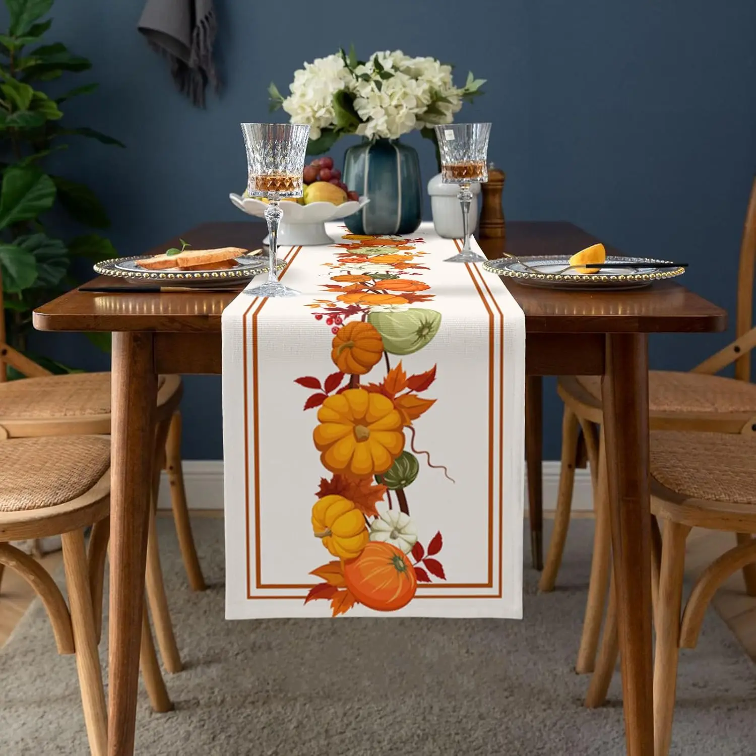 Fall Harvest Pumpkin Maple Leaf Linen Table Runner Party Decor Farmhouse Kitchen Dining Table Runner Thanksgiving Decorations