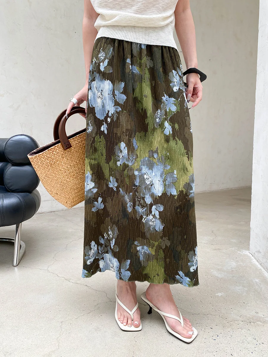 Sommerlicher Damenrock mit elastischem Bund, plissierter Textur, Retro-Print und geradem Schnitt – Detail 23