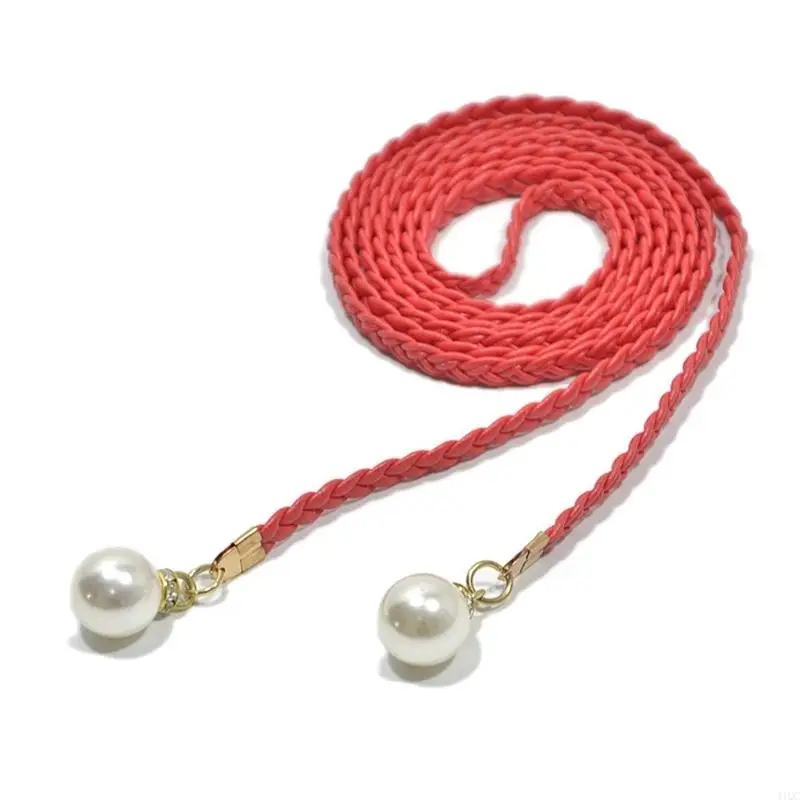 Vintage Knot Braided Thin Belt for Women White Pearl Decors Ladies Dress Belt 