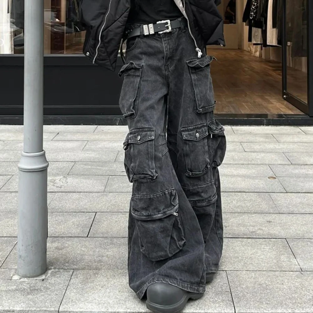 2025 Winter New Men's Multi-Pocket Wide-Leg Jeans American Retro Fashion Trend Street Hip Hop Casual Loose Niche Men's Bottoms