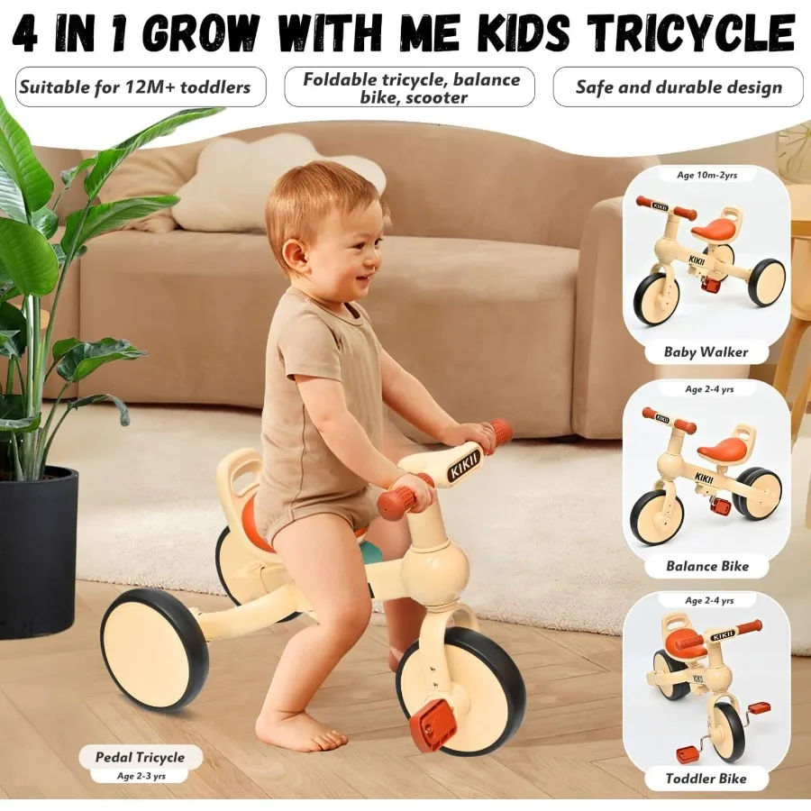 Triciclo per bambini 4 in 1 per 2-4 anni, bici da equilibrio convertibile con pedali, assemblaggio senza attrezzi, triciclo per bambini, ri interno/esterno