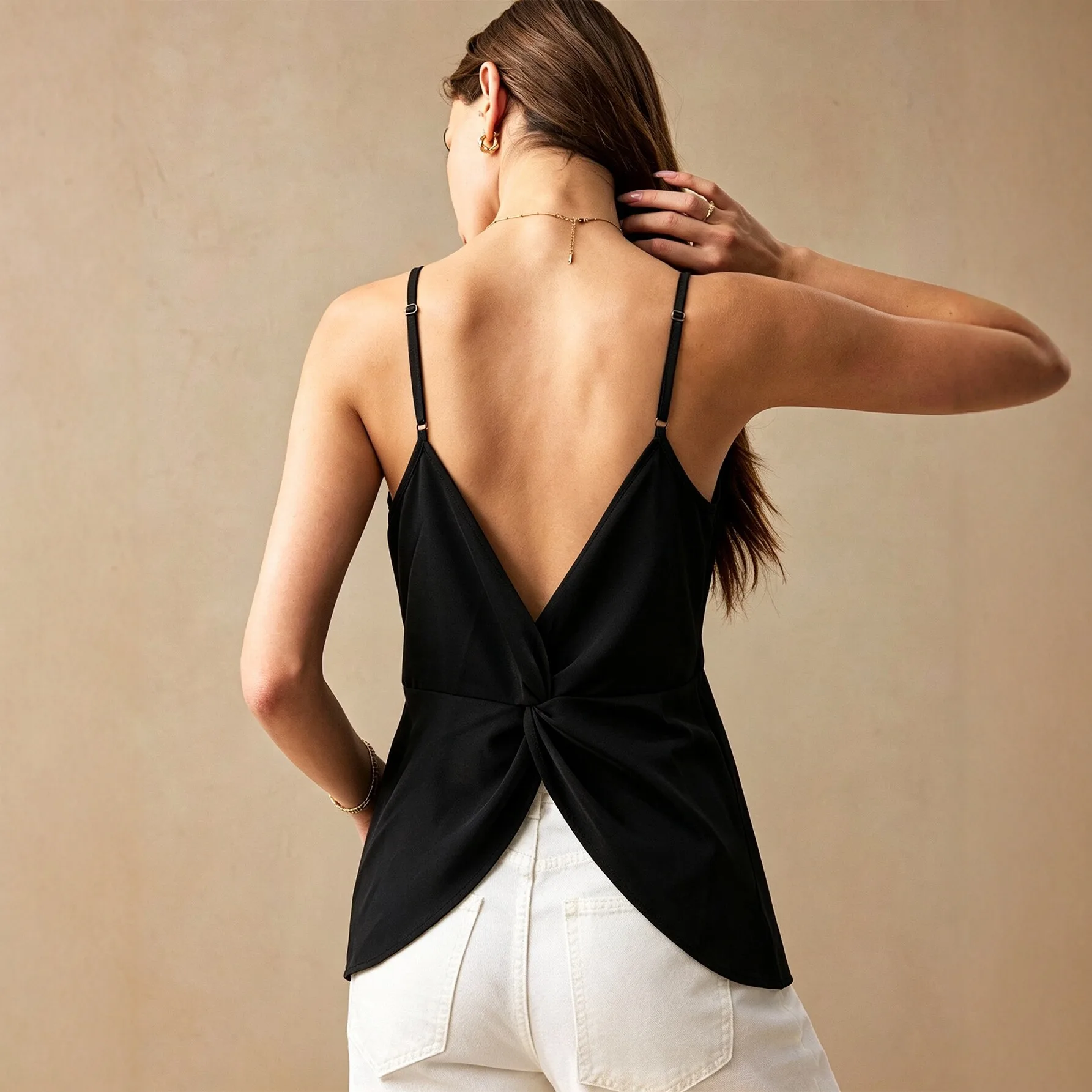 Women Summer New V Neck Camisole Back Twist Knot Split Irregular Hem Top