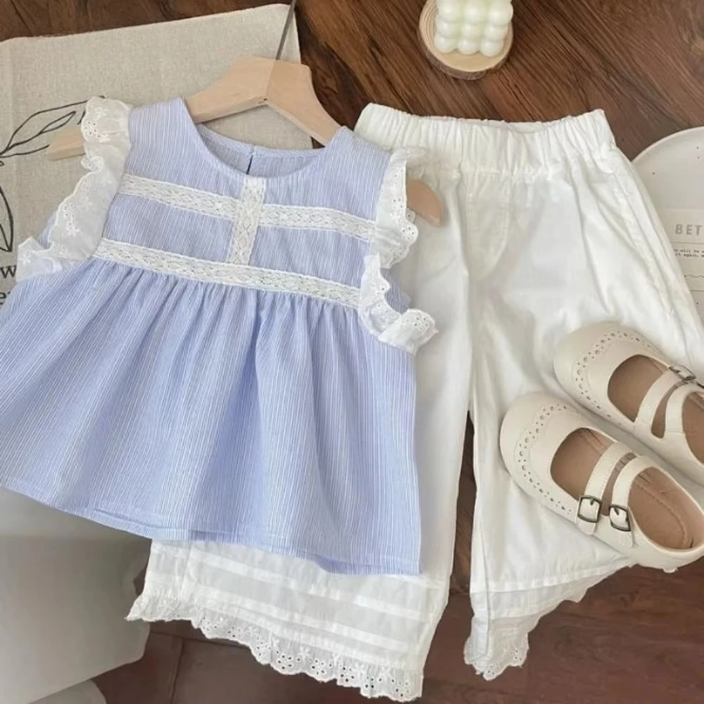 

Summer Round Neck Casual Kids Clothes Girls Korean Version Blue Patchwork Lace Sleeveless Top + Wide Leg Pants Two-piece Set