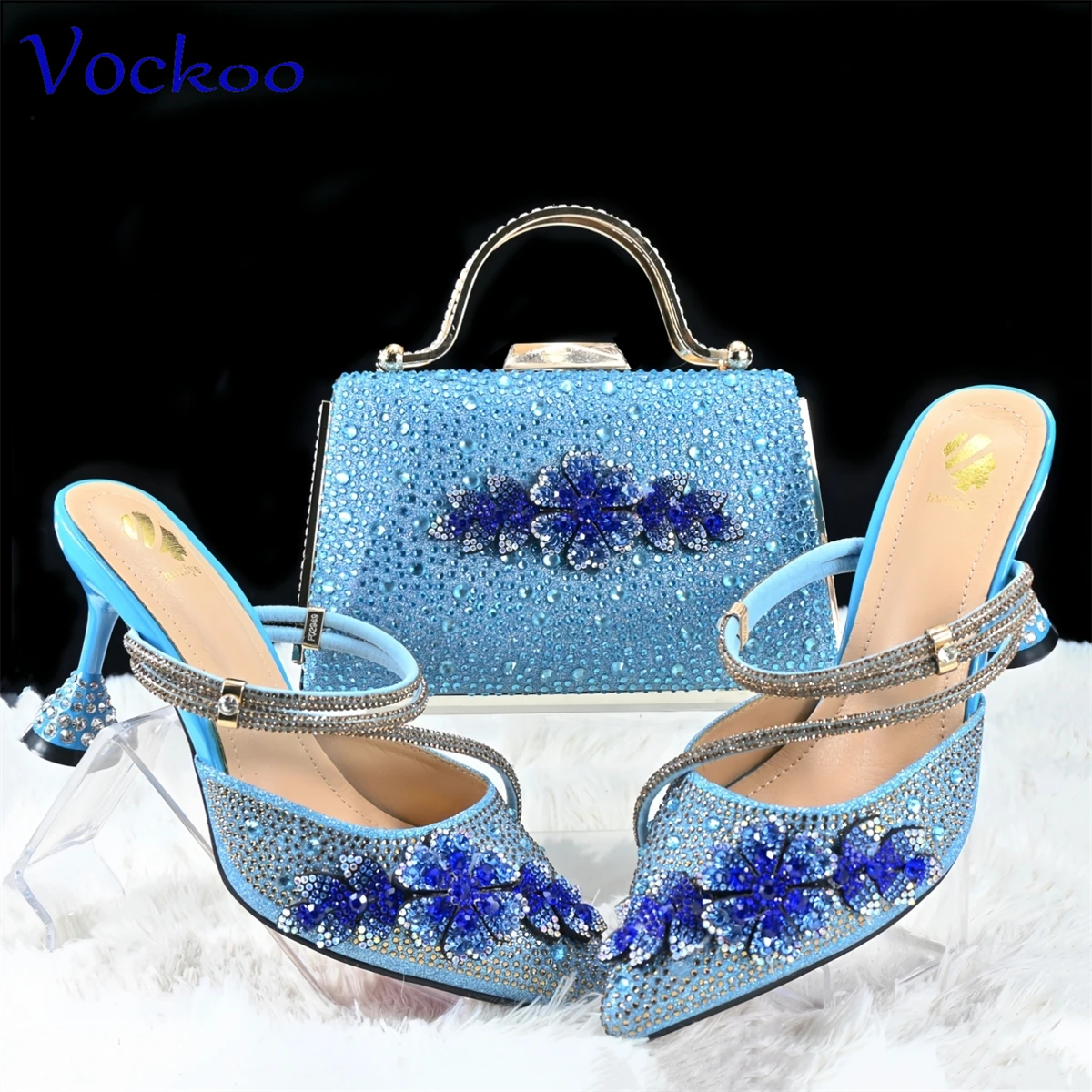 Bolsa de vestido de noite feminina com conjunto de sapatos, designer africano decorar com design de cristal com cristal na cor azul celeste para festa