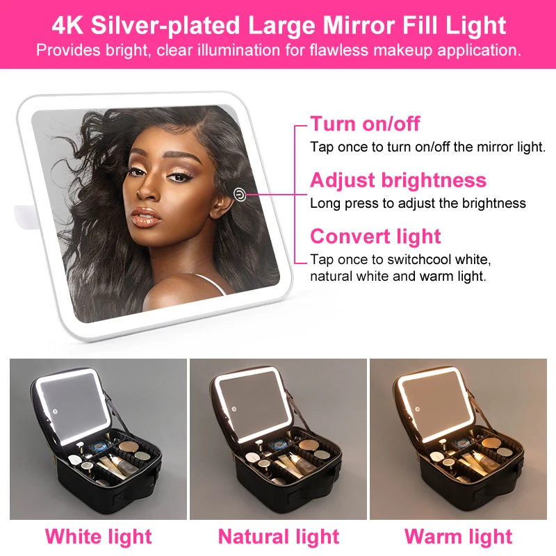 Missmeeca Travel Cosmetic Bag with LED Lighted Mirror, Cosmetic Train Case with Adjustable Dividers Cosmetic Brush Jewellery