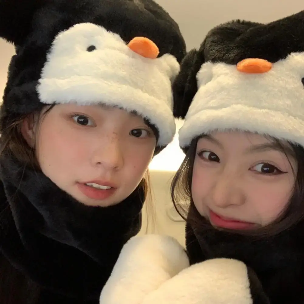 Women Thermal Hat Cartoon Animal Dog Cat Penguin Coldproof Faux Rabbit Fur Thickened One-piece Hat Scarf Gloves