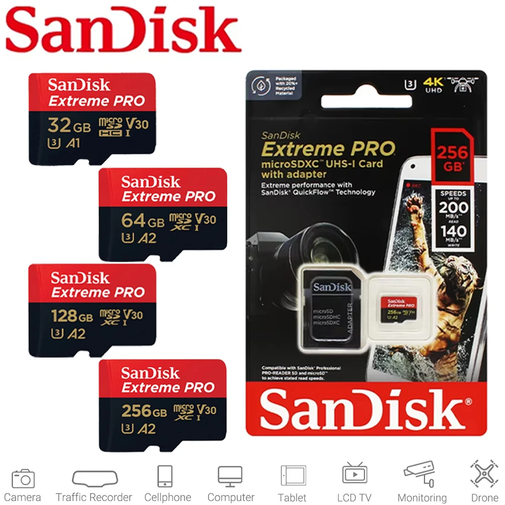 SanDisk A2 Micro SD Card U3 V30 Class 10 TF Card 200MB/s Flash Memory Card Capacities 32GB to 512GB