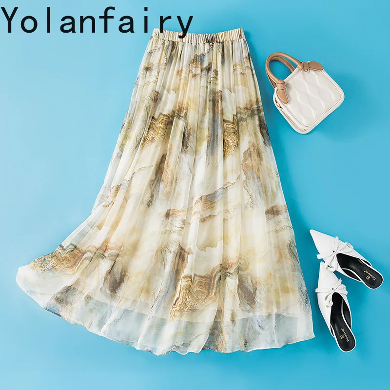 YOLANFAIRY 100% Real Mulberry Silk Skirts for Women 2026 Summer Fashion Floral Skirt Elastic Waist Elegant Skirts Woman Clothes