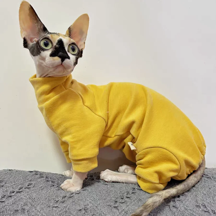 Warm Fleece Coat for Sphynx Cat Spring Soft 4-legged Jumpsuit for Kittens Yellow High-Neck Sweatshirt for Devon Rex in Winter